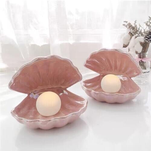 Pink Ceramic Shell Pearl Led Night Light Childrens Room Deco Modern Light Fixtures Holiday Gift Girl Bedroom Bedside Cute Lamps