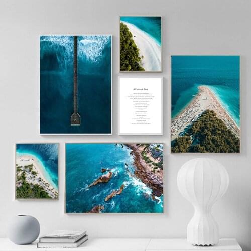 Nordic Beach Landscape Blue Ocean Cliffs Tree Letter Canvas Painting Sofa Background Wall Picture Poster Living Room Decoration