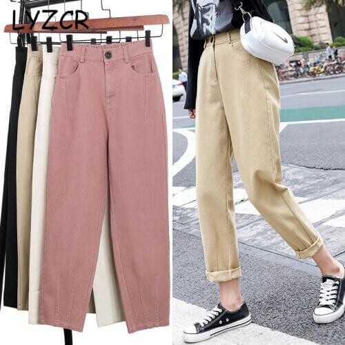 LYZCR Summer Denim Khaki Jeans Woman 2020 Loose Women Mom Boyfirends Jeans Femme Ankle Length Womens Jeans Pencil Cotton Pants
