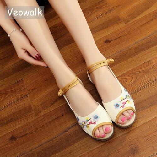 Veowalk Handmade Women Linen Cotton Flower Embroidered Espadrilles Flat Sandals Summer Ladies Peep Toe Shoes sandials mujer
