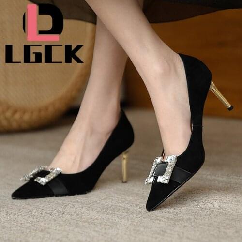 HOT Elegant Rhinestone Show Thin Womens Stilettos Dress Shoes Genuine Leather Pointed Toe Fashion Brand High Heels Women Shoes