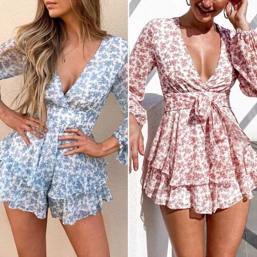 Floral Printed Ruffled Long-sleeved Sexy V-neck Jumpsuit Shorts Skirt Cute Ruffle Summer Beach Casual Streetwear Sweet Outfits