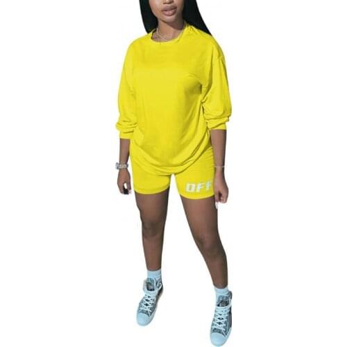 Women Casual Tracksuit O Neck Blouse Letters Print Elastic Shorts Sports Suit Workout Clothes Set Clothing Женский костюм 2021