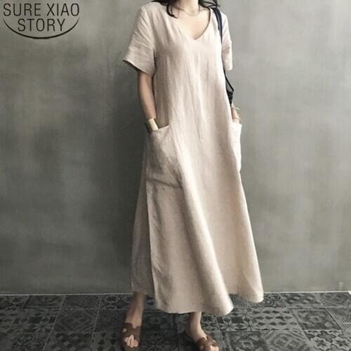 Women 2020 Spring Vintage Plus Size M-5XL Cotton Linen V-neck Maxi Long Dress Casual Solid Short Sleeve Pockets Vestidos 10139