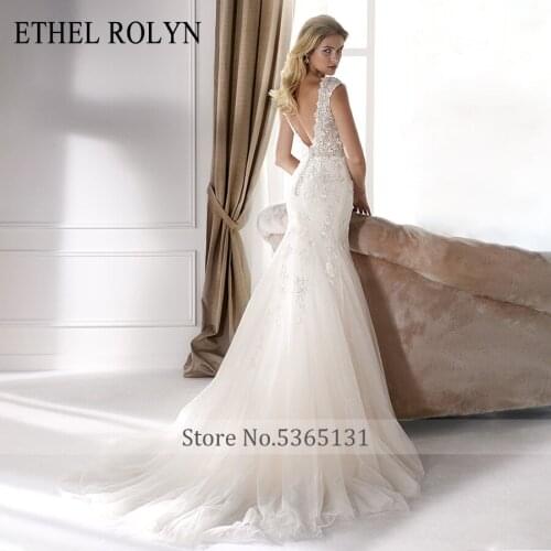 ETHEL ROLYN Sexy V-neck Backles Mermaid Wedding Dresses 2021 Romantic Beaded Appliques Vintage Wedding Gowns Vestido De Noiva