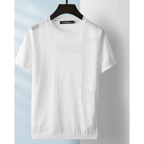 2021 New Summer Men Ice Silk Short-sleeved T-shirt Male Fashion Thin Hollow Breathable T-shirt O Neck Solid Color Tee Tops B90