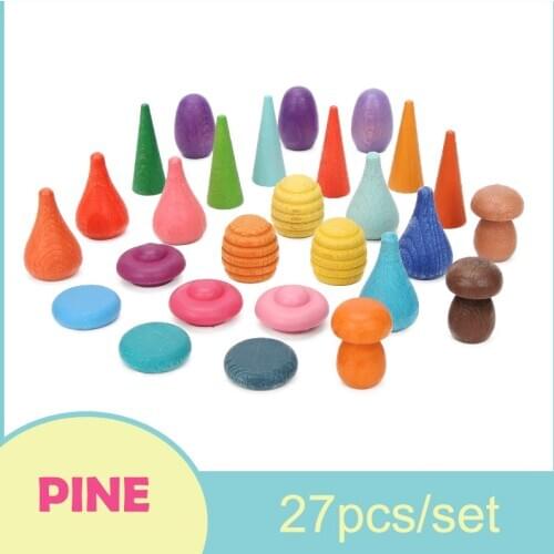 27pcs/set Baby Wooden Toys Wooden Rainbow Stacker Nesting Puzzle Blocks Mushroom Honeycomb Droplets Tree cones Building Blocks