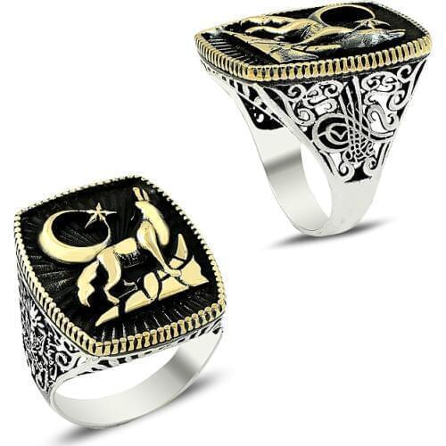 925 Silver Tribal Wolf and Moon Star Turkish Rings for Men Ottoman Etnic Vintage Antigue Fine Jewellery Biker Ring Accessorie