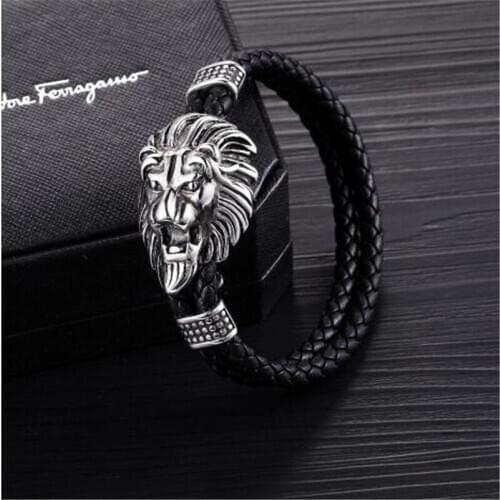 Classic Punk Stainless Steel Lion Head Black Double Layer Leather Bracelet Men Wristband Fashion Jewelry Gifts
