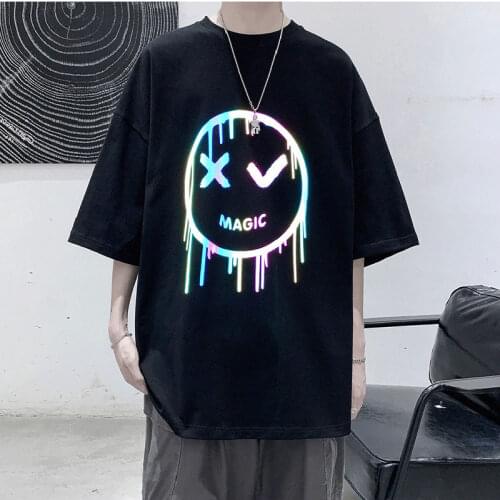Hip Hop T Shirt Women Reflective Color Smiley Print Harajuku Streetwear Short Sleeve T-shirt Female 2020 Summer Tops Tee Women