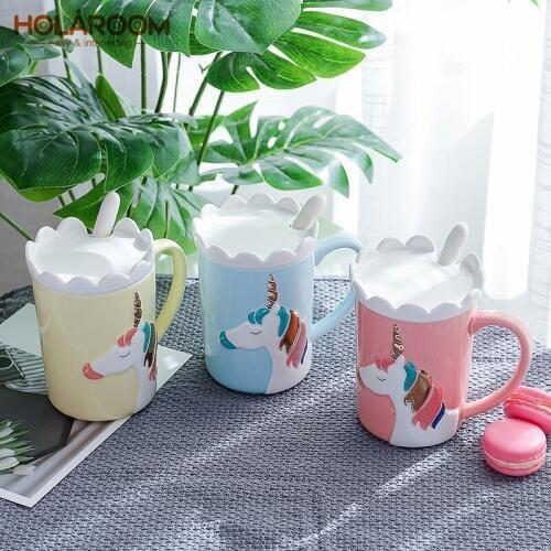 Holaroom Creative Unicorn Coffee Mug Milk Coffee Tea Drinking Cup Practical Ceramic Cup With Spoon And Crown Lid Drinkware 350ml