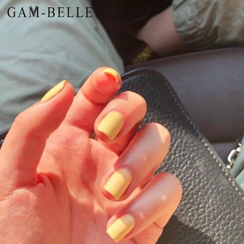 GAM-BELLE Square Fake Nails French Matte Yellow Short Press On Nails Decoration Beauty Artificial False Nails Manicure Tools