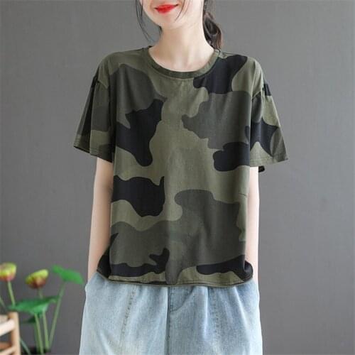 Camouflage t Shirt Women Cotton Basic t-Shirts Female Casual Loose Tops Short Sleeve 0-Neck t-Shirt Woman Summer Top Tee