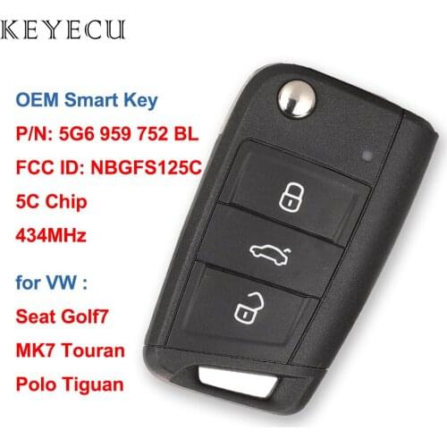 Keyecu OEM Smart Remote Car Key Fob 434MHz 5C Chip for Volkswagan VW Seat Golf7 MK7 Touran Polo Tiguan P/N: 5G6 959 752 BL