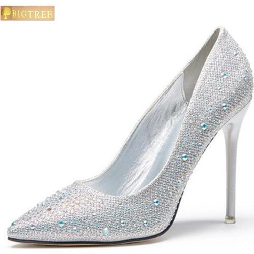 Classic Sequined Cloth Shallow Women Pumps 2018 New Womens Fashion Crystal Pointed sexy 10cm Sexy Wedding shoes party Women