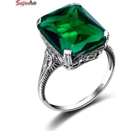 Szjinao 1 Pcs New Geometry Real 925 Sterling Silver Ring Green Emerald Mosaic Vintage wedding luxury Brand Fine Jewelry Gifts