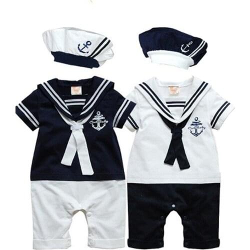 Baby Navy Romper Summer Newborn Kids Boys Girls Sailor Jumpsuit Hat 2Pcs Body Short Sleeve Anchor Printed Suit