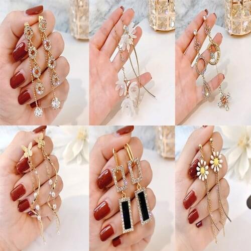 Round Butterfly Eardrop Golden Flowers Rectangle Rhinestone Earrings Grace White Flower Drop Earrings Girl Gift For Women Friend