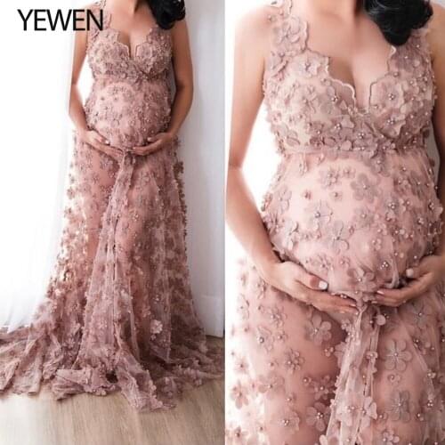 Lace Flower Maternity Dress Woman V Neck Maternity Gowns for Photo Shoot Photography Baby Shower Dress YEWEN 2021