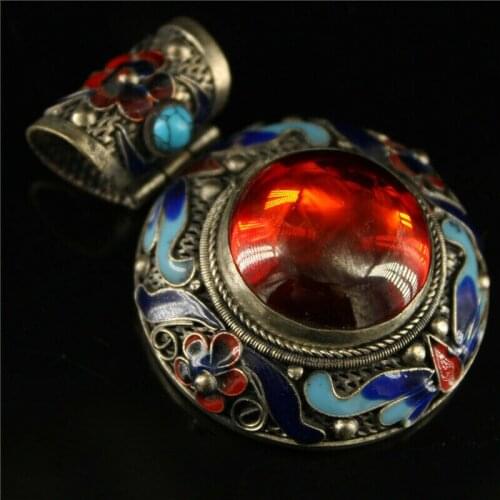 2.36" Chinese Exquisite Tibetan Silver Cloisonne inlay red gem Handmade Pendant
