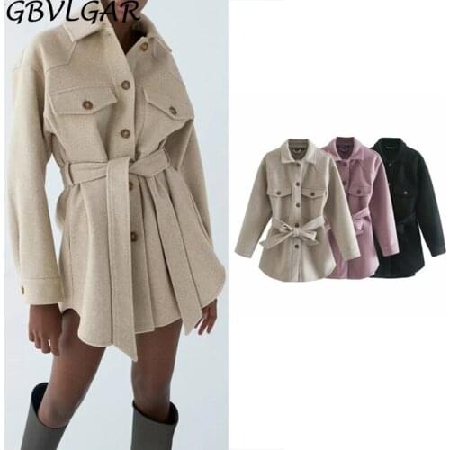 Za Women Fashion With Belt Loose Woolen Jacket Coat Long Sleeve Side Pockets Winter Coat Elegant Female Outerwear Chic Overcoat