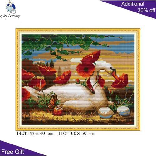 Joy Sunday Swan Hatching Eggs In Flowers DA361 14CT 11CT Stamped and Counted Home Decor Swan and Poppies Craft Cross Stitch Kits