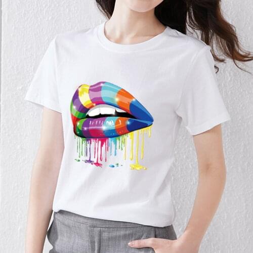 Summer Womens T-shirt 90s Street Sexy Colorful Lip Print Pattern Ladies Tops Womens High-quality Soft and Breathable T-shirt