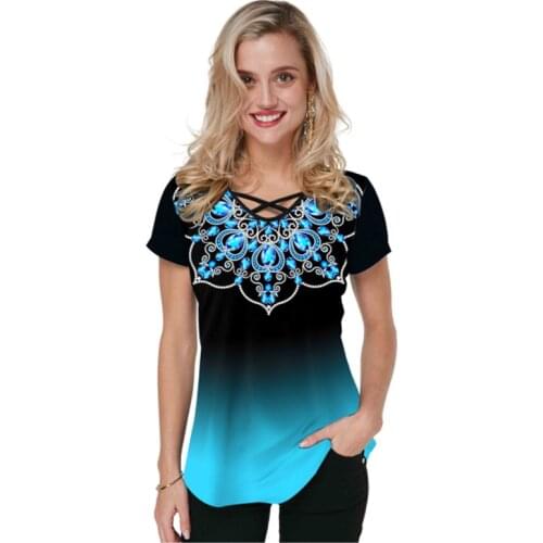 New 2021 Summer Women Shirt Fashion Gradient Print Blouses Casual Short Sleeve V-Neck Shirts Lady Loose Top Plus Size 5XL Blouse