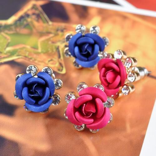 New Fashion Gold Color Rhinestones Earrings For Women Heart-shaped Crystal Red Rose Flower Stud Earrings Valentines Day Gift