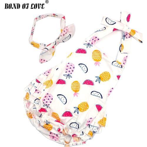 Baby Girl clothes Child Cotton Bodysuit Ruffled Fruit pattern baby bodysuit & Headband Set Newborn Photography Props