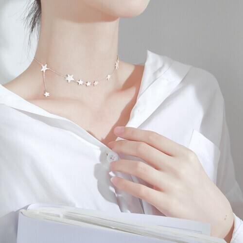 925 Sterling Silver Necklace Pentagon Star Necklace Shining Simple Personality Choker Handmade Jewelry for Women Gift Choker New
