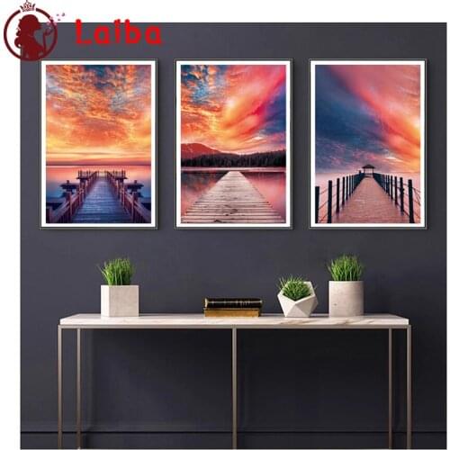 Full square diamond painting Natural Lake Sunset Scenic Bridge pictures for embroidery round diamond mosaic paintings decor3pcs