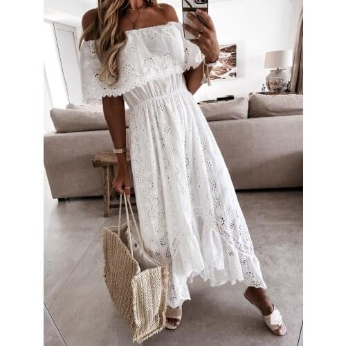 Boho hippie chic white lace dress Summer vacation sexy off shoulder slash neck ruffle high low maxi dress,robe blanche dentelle