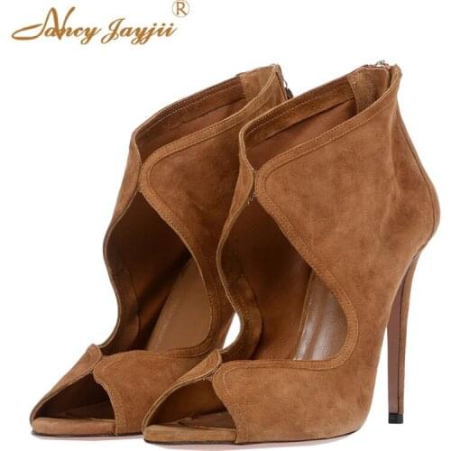 Woman Shoes Lady Pumps Apricot Flock Basic Super high thin heels Zipper Peep Toe Brand Novelty Leisure Mature Nancyjayjii 2019