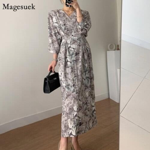 Vinatge Print Spring Summer Dress 2021 Elegant Pleated Casual Female Dress Party V-neck Long Sleeve Women Dresses Vestido 13286
