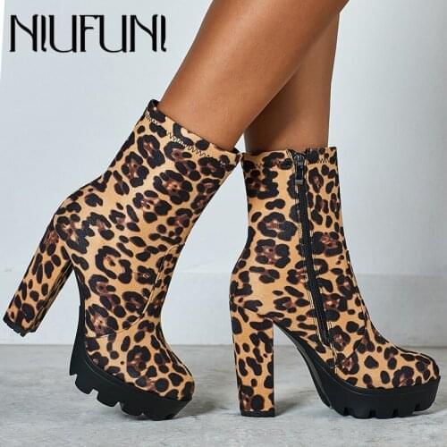 NIUFUNI 2019 Ladies Leopard Platform Boots Round Toe Zipper Thick High Heels Ankle Boots For Women Autumn Shoes Woman Size 35-42