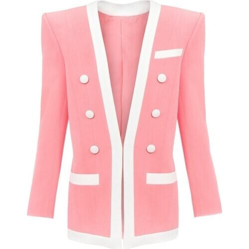 High Quality Pink Light Green Blazers Women Autumn Female Jackets Double-breasted Cloth Button Matching Edge Collarless Blazer