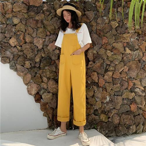 Plus Size Korean Big Pocket Loose Overalls Streetwear Femme Rompers Women Suspenders black Yellow Wide Leg Jumpsuit Women KZ135