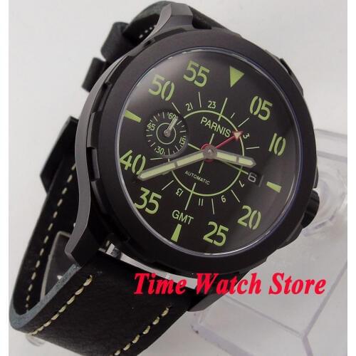 44mm Parnis sapphire glass ST2557 GMT mens watch 778 black dial PVD case 5ATM water resistance