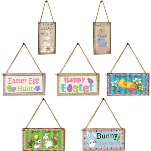 7Pcs Happy Easter Wooden Hanging Sign Bunny Chicken Egg Print Door Wall Decor