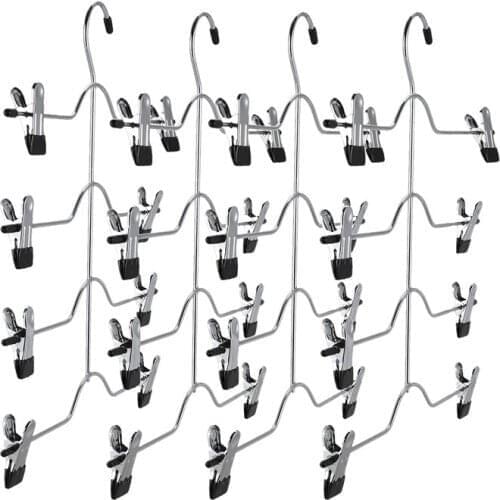 Pants Hangers,4 Tier Non Slip Skirts Hangers with 8 Clips-Pack Of 4 Space Saving Sturdy Luxurious Chrome Metal Multi Trousers Ha