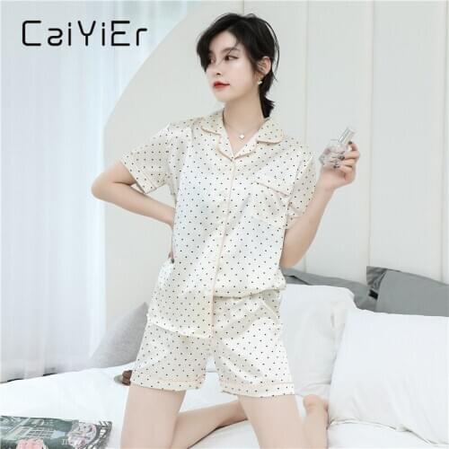 CAIYIER 2020 Summer Silk Pajamas Set For Women Peach Heart Print Nightwear Sexy Lingere Sleepwear Suit Plus Size Homewear M-5XL