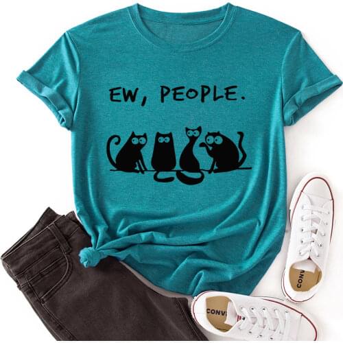 Woman Short Sleeve Colored Graphic Tees Summer T-Shirt Female Tops Shirts for Women Ew People Black Cats Animal Lovers