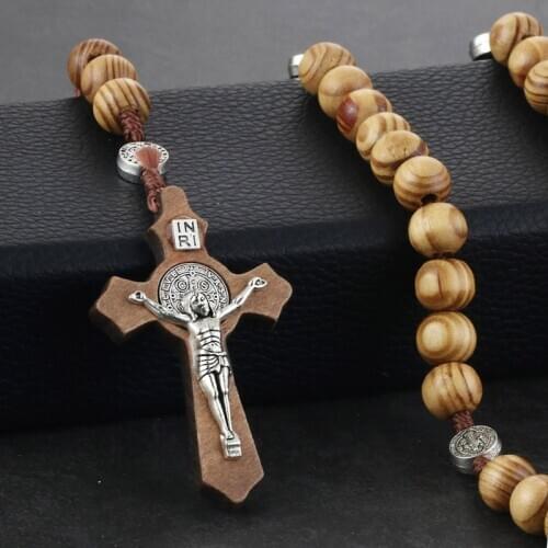 INRI Jesus Saint Benedict Cross Rosary Pendant Necklaces Antique Wooden Beaded Necklace for Men Women Religious Prayer Jewelry