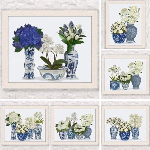 Chinoiserie art, Blue and white china, Botanical decor, Chinese vases, Hamptons style, Floral art prints, Hydrangea Orchid, Tuli