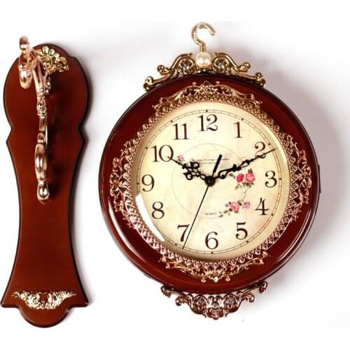 Classical Double-Face wall clock European Antique Pendulum Imitation Wood Clock of Silent Quartz Movement For Living Room Study
