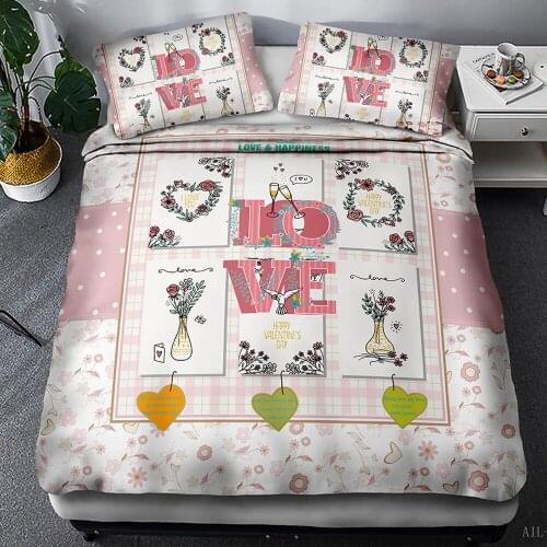 3D Love Pattern Bedding Sets Romantic Duvet Quilt Cover Wedding Valentines Day Bedspread Bedclothes Decor Home