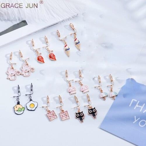 GRACE JUN Small Clip on Earrings No Pierced for Women Kid Cute Animal Cat Deer Heart Cuff Earrings Gold Color Ear Clip 19 Colors