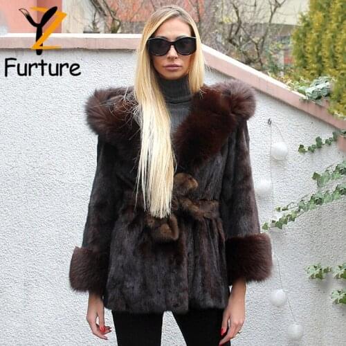 Fashion Natural Mink Fur Hooded Coat With Fox Fur Collar Cuffs Women Winter Thick Genuine Mink Fur Ladies Slim Sashes Jackets
