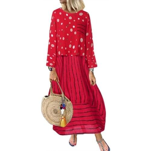 Fashion Women Dresses Long Sleeve Polka Dot Print Large Hem Fake Two Piece Loose Maxi Dress 2021 vestidos de verano
